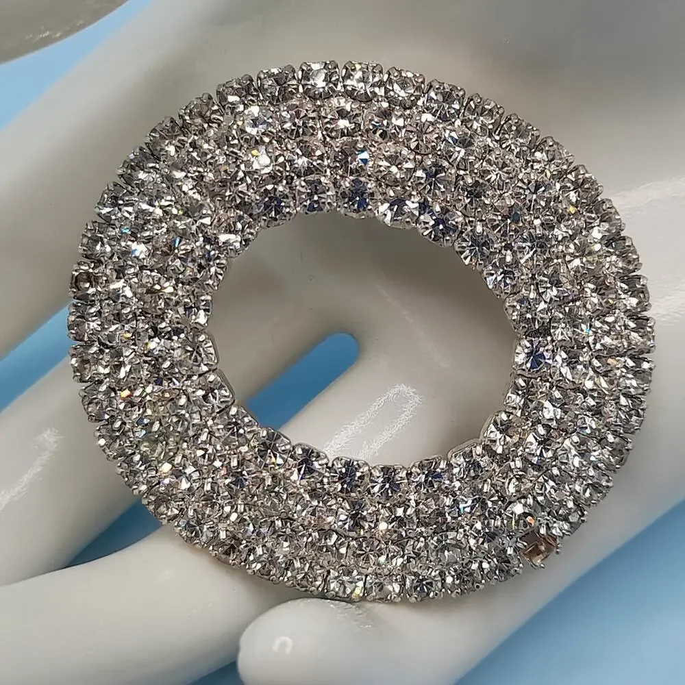 Vintage RMN Clear Rhinestone Oval Brooch, 1 7/8 Inches